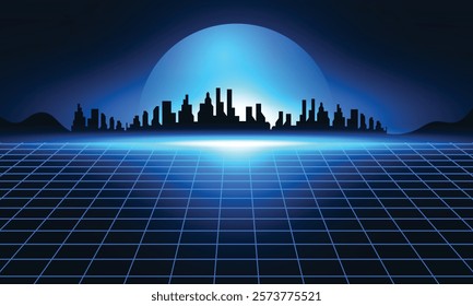 Abstract Blue futuristic sci-fi retro background,night city skyline with wireframe geometric design