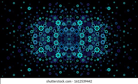 Abstract blue gears on black canvas. Vector background with bright gears. Banner, web, poster, mechanics backdrop.