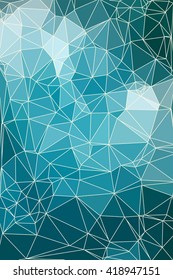 Abstract blue geometric background consisting of colored triangles and light mesh. Low poly vertical pattern.