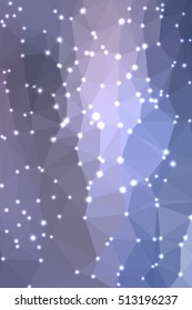 Abstract blue geometric background consisting of colored triangles with lights in corners. Vertical format.