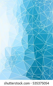 Abstract blue geometric background consisting of colored triangles and light mesh. Low poly vertical pattern.