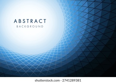 Abstract blue geometric background with curved triangles grid in a row to tunnel, glowing light, and mosaic pattern.