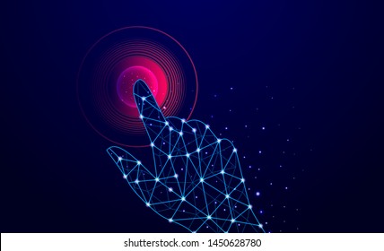 Abstract blue geometric background. Touch to electronic display. Skeleton image of a human hand. Technologies of the future. Futuristic image. Polygonal mesh. Futuristic pattern. Virtual reality.
