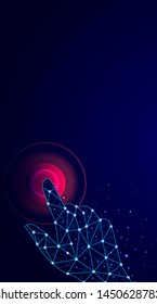 Abstract blue geometric background. Touch to electronic display. Skeleton image of a human hand. Technologies of the future. Futuristic image. Polygonal mesh. Futuristic pattern. Virtual reality.