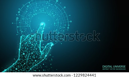 Abstract blue geometric background. Touch to electronic display. Skeleton image of a human hand. Technologies of the future. Futuristic image. Polygonal mesh. Futuristic pattern. Virtual reality. 