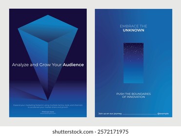 Abstract blue geometric design with text. Embrace innovation, push boundaries, and expand your marketing footprint. Gradient innovative business posters.