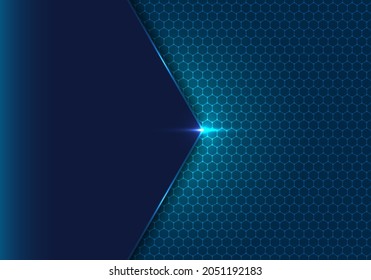 Abstract blue geometric hexagon with dot pattern and light ing effect technology concept background. Honeycomb metal texture steel backdrop. Vector illustration