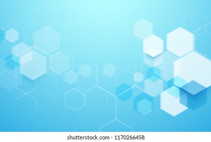Abstract blue geometric hexagon shape and lines with science concept background