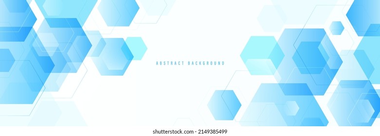 Abstract blue geometric hexagon shapes on white background with space for your text. Futuristic technology and science concept. Modern geometric overlay hexagon wide banner design