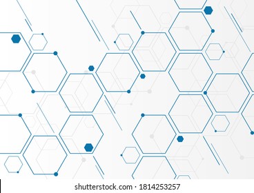 Abstract blue geometric hexagons molecular structures on white background. Social network connection technology concept. Vector illustration