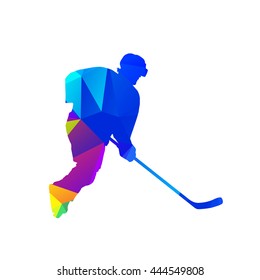 Abstract blue geometric ice hockey player. Vector silhouette