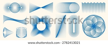 Abstract blue geometric line art elements vector set. Modern optical illusion wave, circle, spiral, wireframe and contour shapes for technology background, poster, cover, banner.
