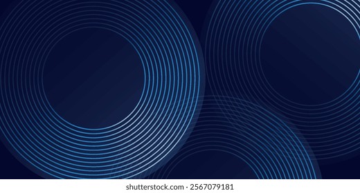 Abstract blue geometric lines glowing on dark blue background. Modern shiny blue circle lines pattern, vector illustration.