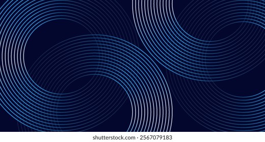 Abstract blue geometric lines glowing on dark blue background. Modern shiny blue circle lines pattern, vector illustration.
