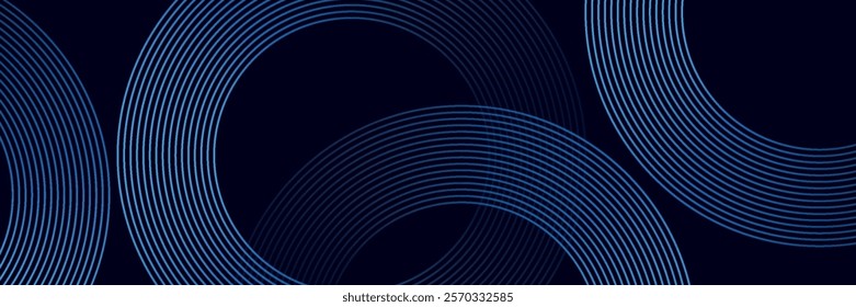 Abstract blue geometric lines glowing on dark blue background. Modern shiny blue circle lines pattern. Futuristic technology concept.