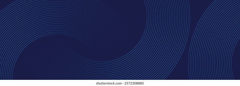 Abstract blue geometric lines glowing on dark blue background. Modern shiny blue circle lines pattern. Futuristic technology concept. Suitable for cover, poster, banner.