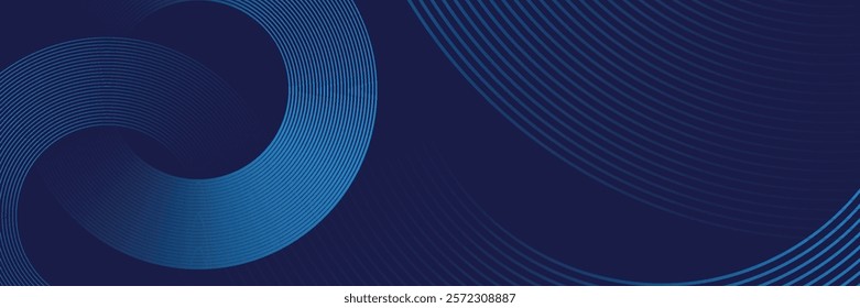 Abstract blue geometric lines glowing on dark blue background. Modern shiny blue circle lines pattern. Futuristic technology concept. Suitable for cover, poster, banner.