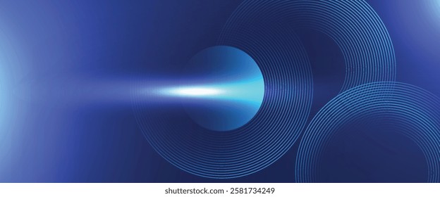 Abstract blue geometric lines glowing on dark blue background. Modern shiny blue circle lines pattern. Futuristic technology concept