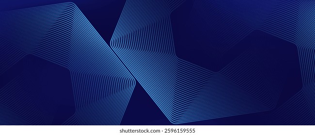 Abstract blue geometric lines glowing on dark blue background. Modern shiny blue hexagon lines pattern. Futuristic technology concept. Suitable for covers, posters, banners, flyers, websites. Vector
