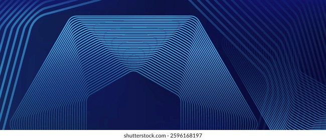 Abstract blue geometric lines glowing on dark blue background. Modern shiny blue hexagon lines pattern. Futuristic technology concept. Suitable for covers, posters, banners, flyers, websites. Vector