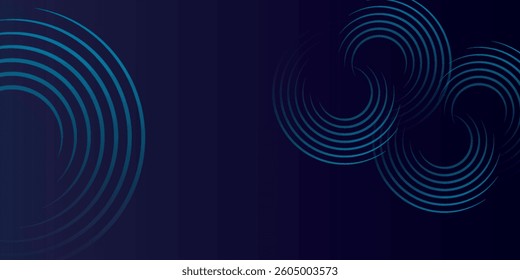 Abstract blue geometric lines glowing on dark blue background. Modern shiny blue circle lines pattern. Futuristic technology concept. Suitable for cover, poster, banner, flyer, header, website