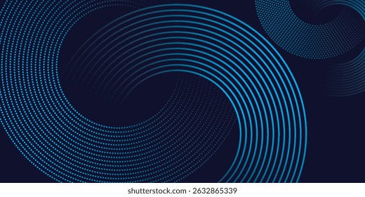 Abstract blue geometric lines glowing on dark blue background. Modern shiny blue circle lines pattern, vector.