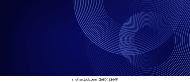 Abstract blue geometric lines glowing on dark blue background. Modern shiny blue circle grainy gradient lines pattern. Futuristic technology concept. 