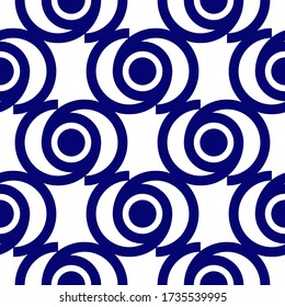 Abstract blue geometric ornament on a white background. Seamless pattern. It can be used for wrapping paper, wallpaper, fabric, textile, oilcloth, tile, web design. Vector illustration.