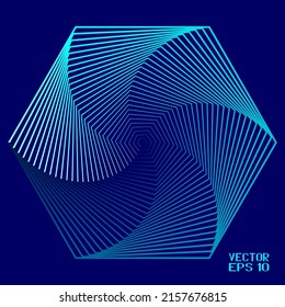 Abstract Blue Geometric Pattern with Hexagon. Spiral Polygonal Element. Contrasty Optical Psychedelic Illusion. Vector. 3D Illustration