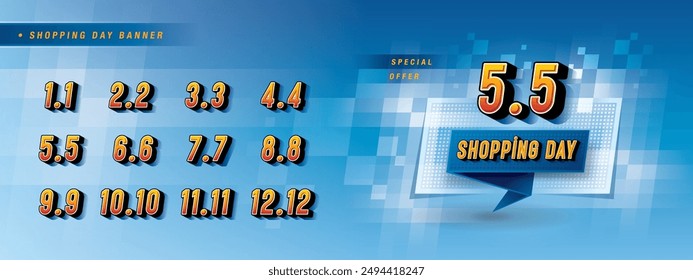 Abstract Blue Geometric Pixel labels Sign, Shopping Day Sale Banner Template Design, Shopping Day Sale Promotion of every month, Numbers  3, 4, 5, 6, 7, 8, 9, 10, 11, 12 Condensed Font, Special offer.