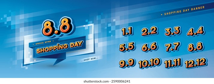 Abstract Blue Geometric Pixel labels Sign, Shopping Day Sale Banner Template Design, Shopping Day Promotion of every month, Calendar Shopping festival. Numbers 1, 2, 3, 4, 5, 6, 7, 8, 9, 10, 11, 12