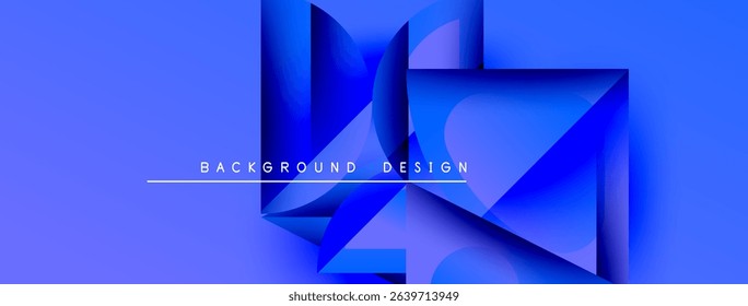 Abstract blue geometric shapes create modern background. Layers overlap, forming dynamic visual composition. Minimalist design elements present.