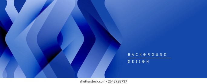 Abstract blue geometric shapes create dynamic background. Modern design features layered squares, gradients, text elements.
