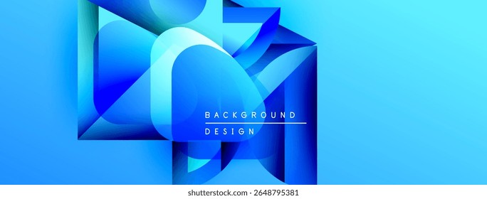 Formas geométricas azuis abstratas criam um plano de fundo dinâmico. Efeito gradiente adiciona profundidade, sensação moderna. O texto lê o design do plano de fundo.