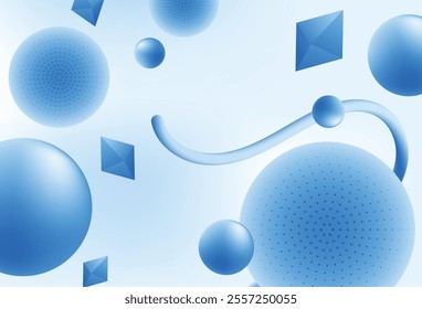 Abstract blue geometric shapes including spheres and pyramids on a light blue background, creating a modern and dynamic design.