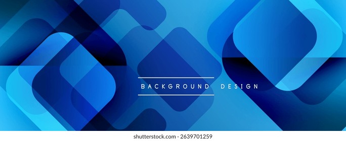 Abstract blue geometric shapes overlap creating modern background. Gradient colors provide depth, visual interest. Design feels dynamic, sleek.