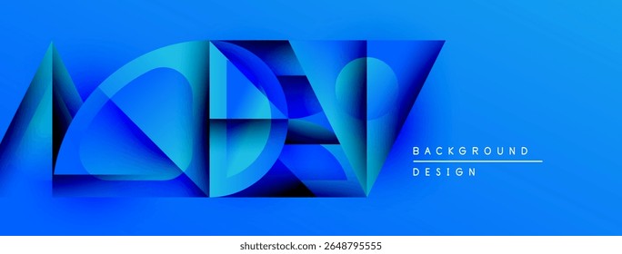 Formas geométricas azuis abstratas se sobrepõem. Cores de gradiente criam profundidade, elemento de design moderno para fundos. O texto lê o design do plano de fundo.