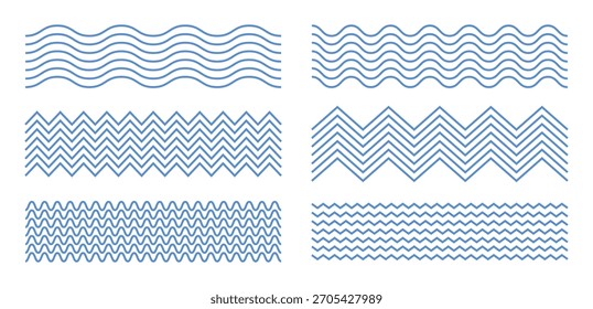 Conjunto de patrón de onda de línea simple geométrica azul Abstractas. Elemento para decoración y diseño. Plantilla, Anuncio, antecedentes. Imitación de agua. Textura ondulada. Hermosas curvas de línea. Ilustración vectorial.