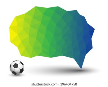Abstract blue geometric speech bubble with triangular polygons with soccer ball. Can use for promotions banner.