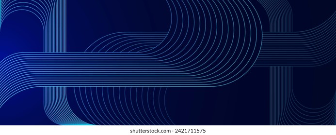 Abstract blue geometric strip lines on a dark blue background. Futuristic technology, networking and communication concept. Vector illustration.