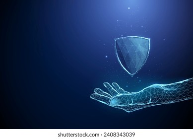 Abstract blue giving hand with 3d guard shield. Medicine protection, cyber security and insurance concept. Low poly style. Graphic geometric background. Wireframe light connection structure. Vector.