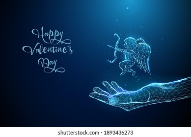 Abstract blue giving hand with angel cupid. Low poly style design. Happy Valentine's day card. Modern 3d graphic geometric background. Wireframe light connection structure. Vector illustration.