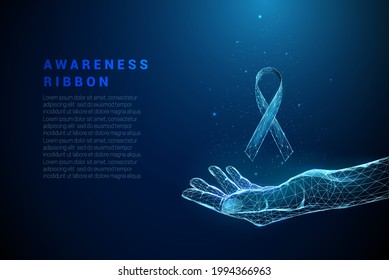Abstract blue giving hand with awareness symbol. Support symbol concept. Low poly style design. Modern 3d graphic geometric background. Wireframe light connection structure. Vector illustration.