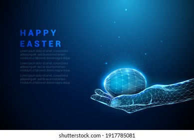 Abstract blue giving hand with easter egg. Low poly style design. Happy Easter card. Modern 3d graphic geometric background. Wireframe light connection structure. Isolated vector illustration.