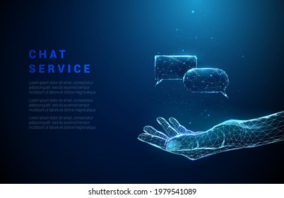 Abstract blue giving hand with flying chat boxes. Low poly style design. Chat service concept. Modern 3d graphic geometric background. Wireframe light connection structure. Vector illustration.