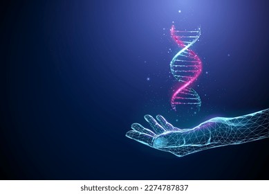Azul abstracto de la mano con la molécula de ADN 3d volante helix. Edición genética de biotecnología genética, concepto de ingeniería. Bajo estilo de poli. Geométrico gráfico. Estructura de conexión de la luz del bastidor acústico. Vector