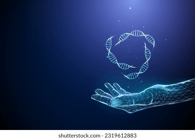 Abstract blue giving hand with flying dna helixes. Gene engineering, biotechnology concept. Low poly style design. Modern 3d graphic geometric background. Wireframe light connection structure. Vector.