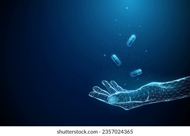 Abstract blue giving hand with flying medical capsules. Low poly style design. Availability of medicines concept. Modern 3d graphic geometric background. Wireframe light connection structure. Vector