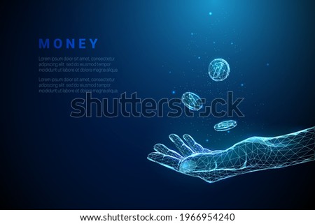 Abstract blue giving hand with flying coins. Low poly style design. Finance concept. Modern 3d graphic geometric background. Wireframe light connection structure. Isolated vector illustration.