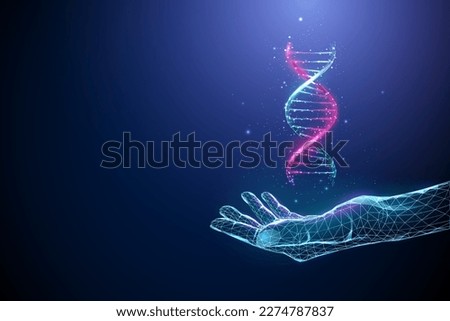Abstract blue giving hand with flying 3d DNA molecule helix. Gene editing genetic biotechnology, engineering concept. Low poly style. Graphic geometric. Wireframe light connection structure. Vector